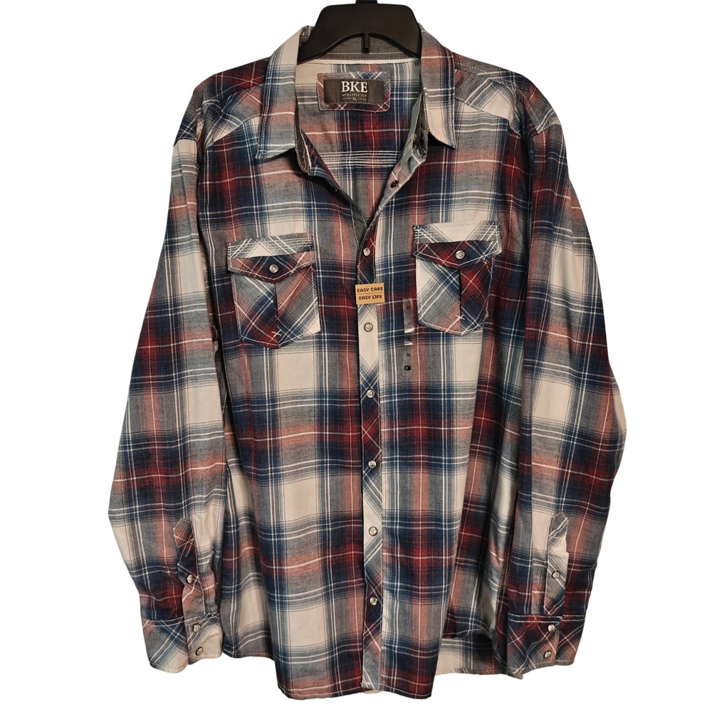 BKE Athletic Fit Mens XL Plaid Snap Button Flannel Shirt Red White Blue 11526FPW